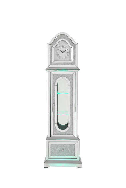 Noralie - Mirrored & Faux Diamonds Grandfather Clock With LED - Silver Gray