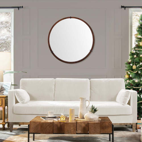 Hausen - Mid-Century Modern Round Accent Wall Mirror - Brown Walnut Hausen - Mid-Century Modern Round Accent Wall Mirror - Brown Walnut