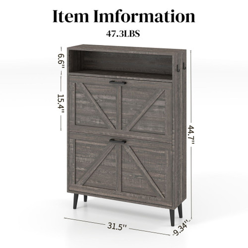 Farmhouse Shoe Storage Cabinet With Barn Door Design, 2 Flip Drawers, Hooks - Dark Oak