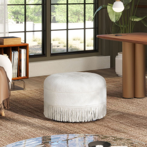 Yolanda - Round Upholstered Accent Ottoman - Almond White
