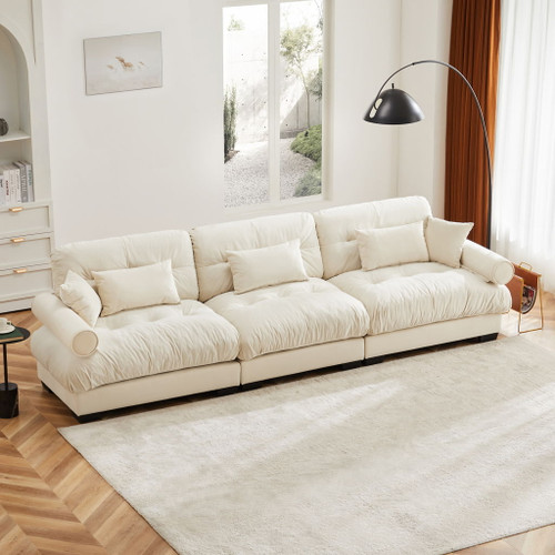 Modern Velvet Sofa With Bolstered Armrests And Pillows