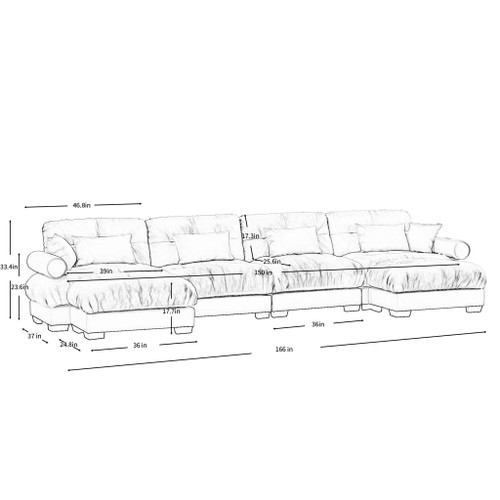 Modern Sectional Sofa With Ottoman, Round Bolster Armrests, Waist And Throw Pillows