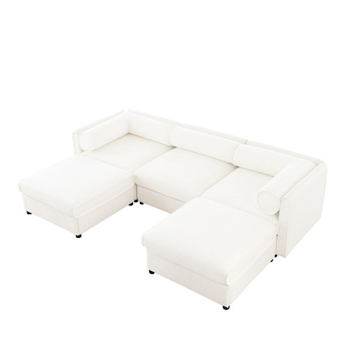 Contemporary Elegant White Chenille Sofa With Storage And Ottoman