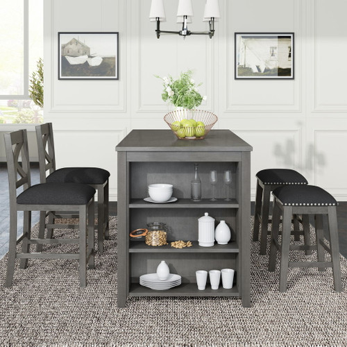 5 Pieces Counter Height Rustic Farmhouse Dining Room Wooden Bar Table Set With 2 Stools And 2 Chairs