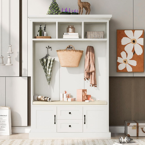 Hall Tree With 3 Hooks, Coat Hanger, Entryway Bench, Storage Bench, 3 In 1 Design