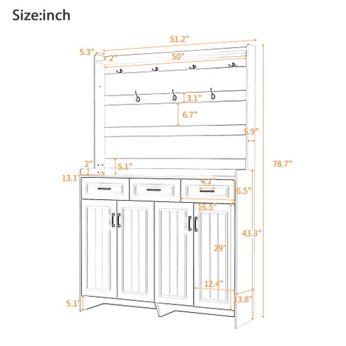 Minimalist 4 Door Shoe Cabinet With Coat Rack, 3 Drawers, 8 Shelves, Metal Hooks And Handles