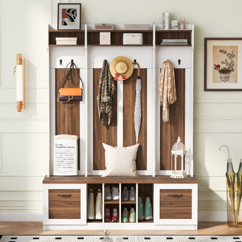 5 In 1 Entryway Bench With Coat Rack, 7 Sturdy Hooks, 2 Spacious Drawers And Adjustable Shelves