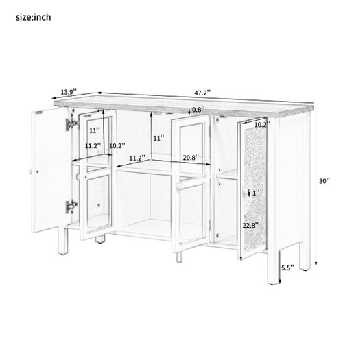 Retro TV Stand With 3 Spacious Cabinets, Glass Cabinet Doors And Anti-Tip Device
