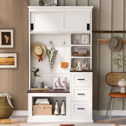 Modern Wide Hall Tree With Coat Rack, 3 Shelves And Drawers, 3 Sturdy Hooks