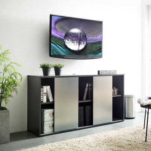 Metro - Contemporary TV Stand With 2 Shelves And Sliding Doors - Silver