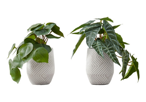 8" Tall, Artificial Plant, Alocasia, Indoor, Faux, Fake, Table, Greenery, Potted, Decorative (Set of 2) - Green / White