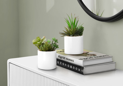 7" Tall, Artificial Plant, Succulent, Indoor, Faux, Fake, Table, Greenery, Potted, Decorative (Set of 2) - Green / White