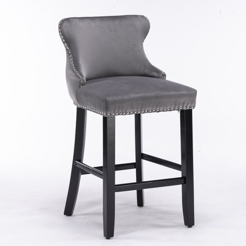 Contemporary Upholstered Wing-Back Barstools With Button Tufted Decoration And Wooden Legs, And Nailhead Trim, Leisure Style Bar Chairs, Bar Stools (Set of 2)
