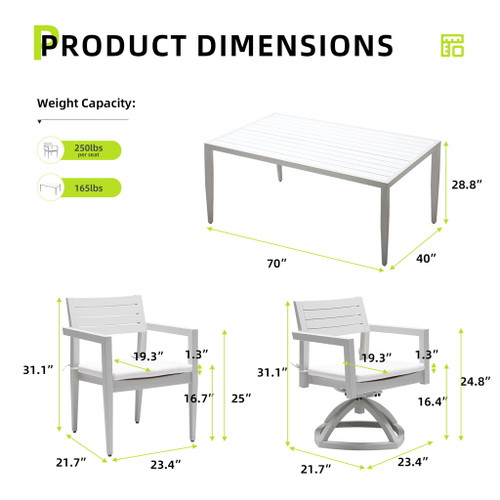 Modern Patio Furniture Dining Set With Swivel Rockers Chairs, Sunbrella Cushions, 2 Tone Table
