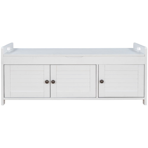 Storage Bench With 3 Shutter-Shaped Doors, Shoe Bench With Removable Cushion And Hidden Storage Space