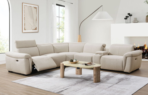 Dayana - Boucle Power Recliner Sectional Sofa For 5 People With Cupholder Console Adjustable Headrest - Beige