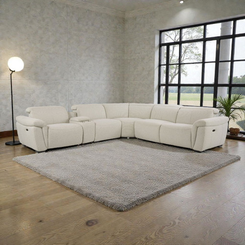 Dayana - Boucle Power Recliner Sectional Sofa For 5 People With Cupholder Console Adjustable Headrest - Beige