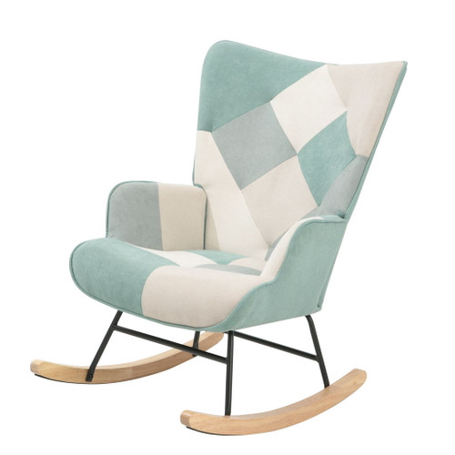 Accent Rocking Chair, Mid-Century Fabric Rocker Chair With Wood Legs And Patchwork Linen For Livingroom Bedroom - Blue