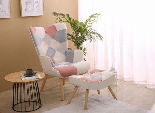 Accent Chair With Ottoman, Living Room Chair And Ottoman Set, Comfy Side Armchair For Bedroom, Creative Splicing Cloth Surface - Pink