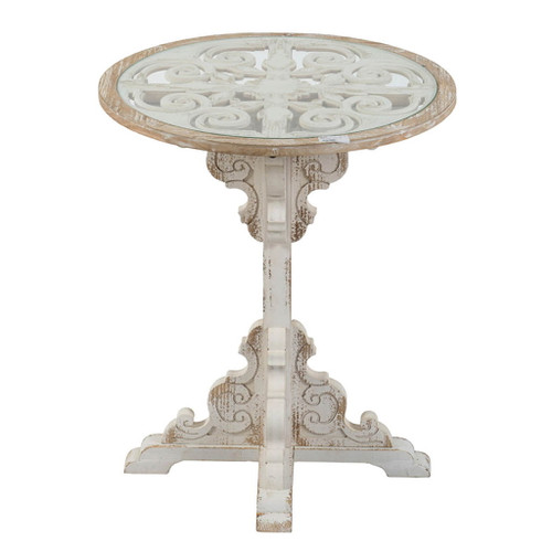 Round Wooden Carved Table Distressed Design - Antique White