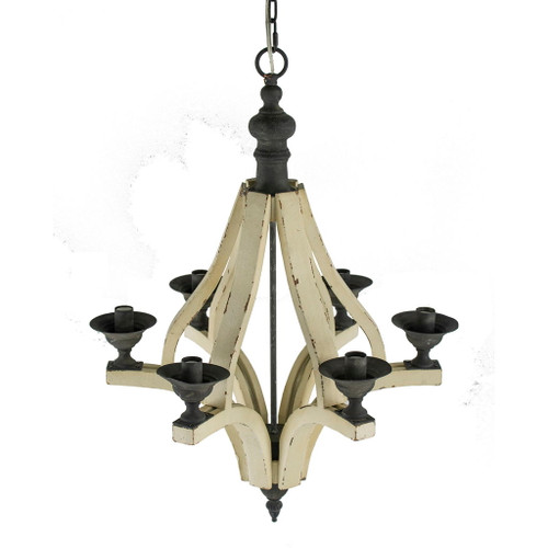 6 Light Wood Chandelier, Hanging Light Fixture With Adjustable Chain For Kitchen, Bulb Not Included - Cream