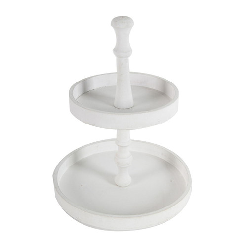 Two Tiered Round Wooden Tray - White