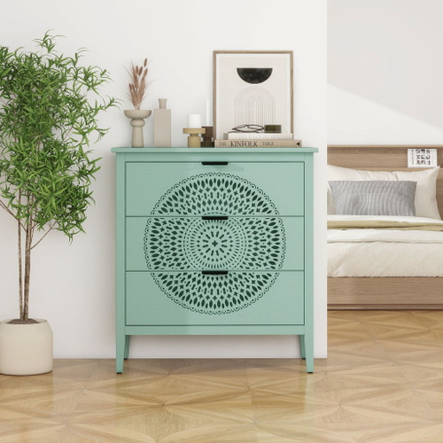 3 Drawer Storage Cabinet With Hollow Carved Design And Metal Handles, Chest For Entryway, Living Room Or Bedroom - Light Green