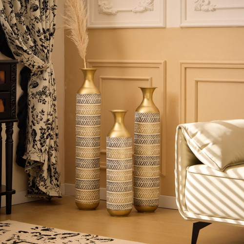 High Floor Vase Flowers Oversized Floor Vase (Set of 3) Large Metal Glazed Vases Pampas Prairie Twigs Vintage Oversized Vases Living Room Bedroom Family Farmhouse - Blue / Gold