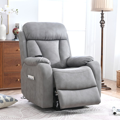 Electric Power Lift Recliner Chair, Fabric Recliner Chair, Home Theater Seating, Living Room Chair, Side Pocket, Remote Control - Light Gray