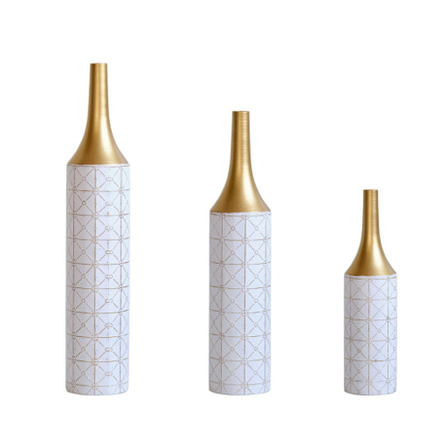 Floor Metal Vases Decorated White Metal Vases (Set of 3) Gorgeous Home Decoration Large Glazed Metal Vases - White / Gold