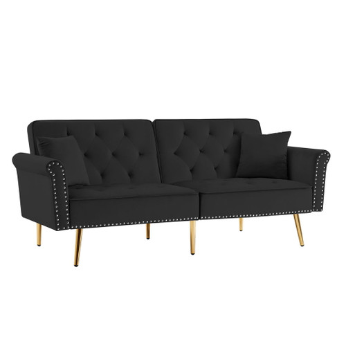 Velvet Tufted Sofa Couch With 2 Pillows And Nailhead Trim