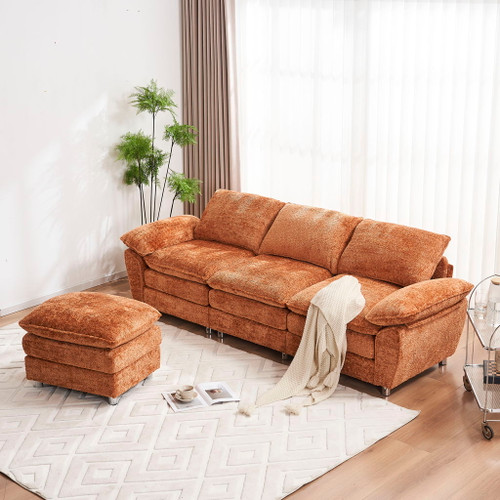 Modern Deep 3 Seat Sofa Couch With Ottoman, Comfy Upholstered Furniture