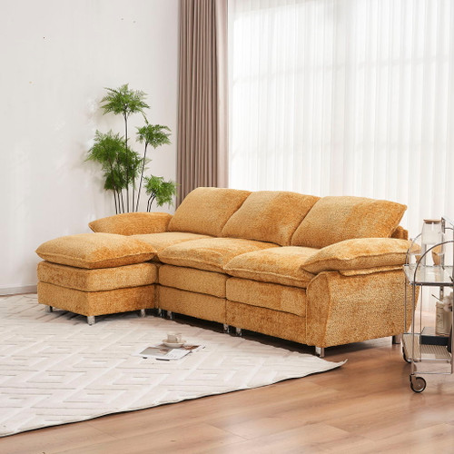 Modern Deep 3 Seat Sofa Couch With Ottoman, Comfy Upholstered Furniture