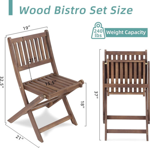 3 Piece Acacia Bistro Set, Folding Patio Furniture With 1 Coffee Table And 2 Foldable Chairs