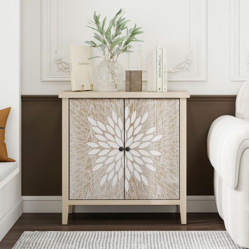2 Door Carved Storage Cabinet With Adjustable Shelf, Accent Furniture