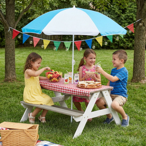 Wooden Kids Picnic Table, Sand And Water Table With Umbrella, Activity Table For Outdoor Backyard Patio Play - White / Gray