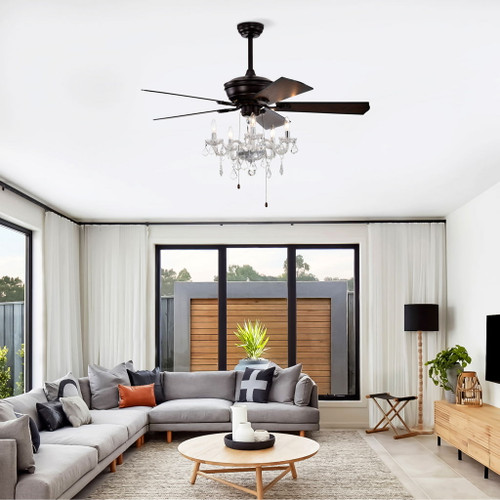 52" Crystal Shade Ceiling Fan Lamp, 3 Speed, 4 Timing, 5 Reversible Blades Crystal Ceiling Fan, 5 Pieces X E12 (No Include Bulb), Hand Pull Chain - Matte Black
