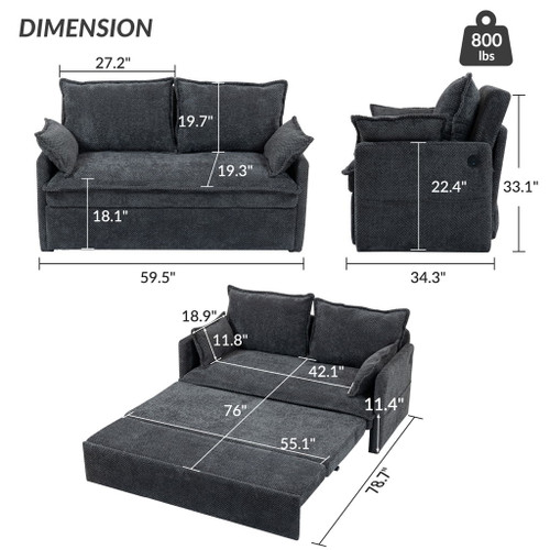 Pull Out Sofa Bed, Corduroy Convertible Sleeper Sofa Couch, Side Storage, And USB / C - Type Charging Ports Chair