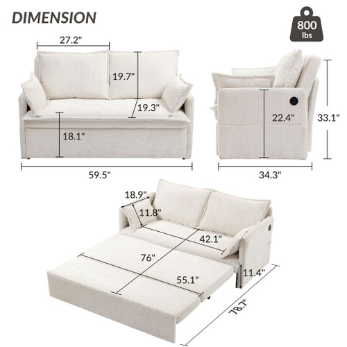Pull Out Sofa Bed, Corduroy Convertible Sleeper Sofa Couch, Side Storage, And USB / C - Type Charging Ports Chair