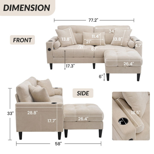 3 Seat L-Shaped Chenille Sofa With Removable And Storage Ottoman, Side Storage, And USB / C - Type Charging Ports Sofa For Living Room