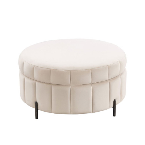 Upholstered Round Ottoman With Reversible Lid, Channel Tufted Pumpkin Shape