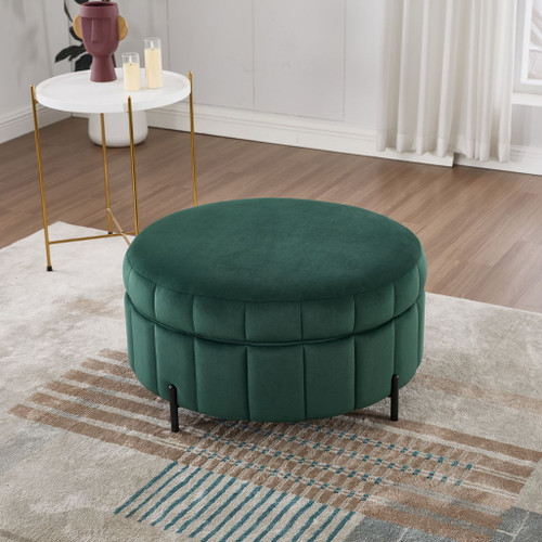 Upholstered Round Ottoman With Reversible Lid, Channel Tufted Pumpkin Shape