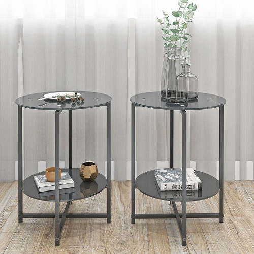 JWS Tempered Glass End Table (Set of 2), Round Coffee Table For Bedroom Living Room Office - Black