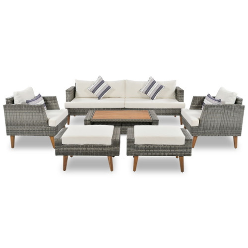 6 Pieces All Weather Sofa Set, Outdoor Rattan Sofa With Double Cushions