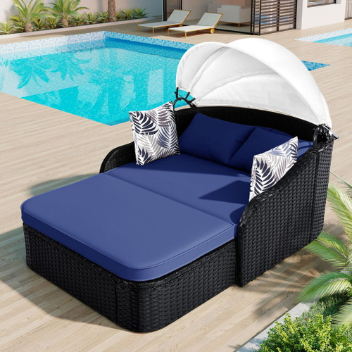 Outdoor Sunbed With Adjustable Canopy, Daybed With Pillows, Double Lounge, PE Rattan Daybed Outdoor Sunbed With Adjustable Canopy, Daybed With Pillows, Double Lounge, PE Rattan Daybed
