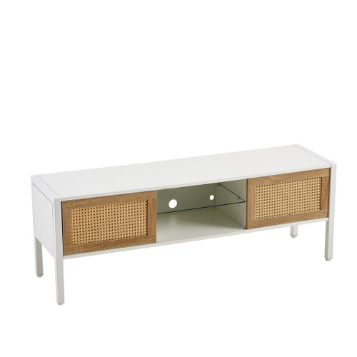 Rattan TV Cabinet With Variable Color Light Strip, Double Sliding Doors For Storage, Adjustable Shelf, Metal Legs, TV Console For Living Room