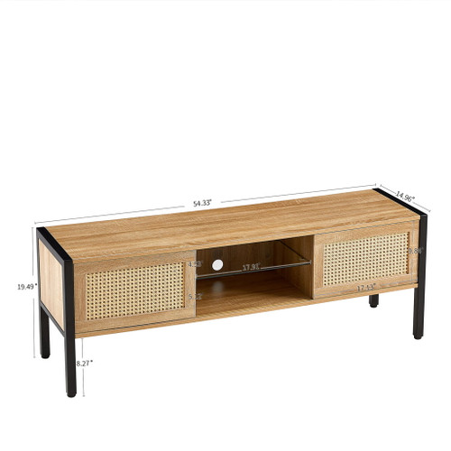 Rattan TV Cabinet With Variable Color Light Strip, Double Sliding Doors For Storage, Adjustable Shelf, Metal Legs, TV Console For Living Room