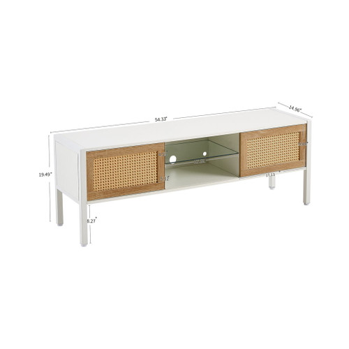 Rattan TV Cabinet With Variable Color Light Strip, Double Sliding Doors For Storage, Adjustable Shelf, Metal Legs, TV Console For Living Room