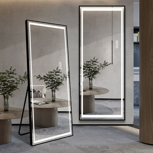 LED Mirror Full Length Mirror With Lights Wide Standing Tall Full Size Mirror For Bedroom Giant Full Body Mirror Large Floor Mirror With Lights Stand Up Dressing, Big Lighted Mirror - Black