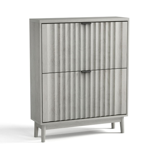 Shoe Cabinet With 2 Flip Drawers, Fluted Shoe Storage Cabinet For Entryway, Free Standing Shoe Storage Organizer With Wave Doors For Heels, Boots, Slippers In Hallway, Living Room - Gray